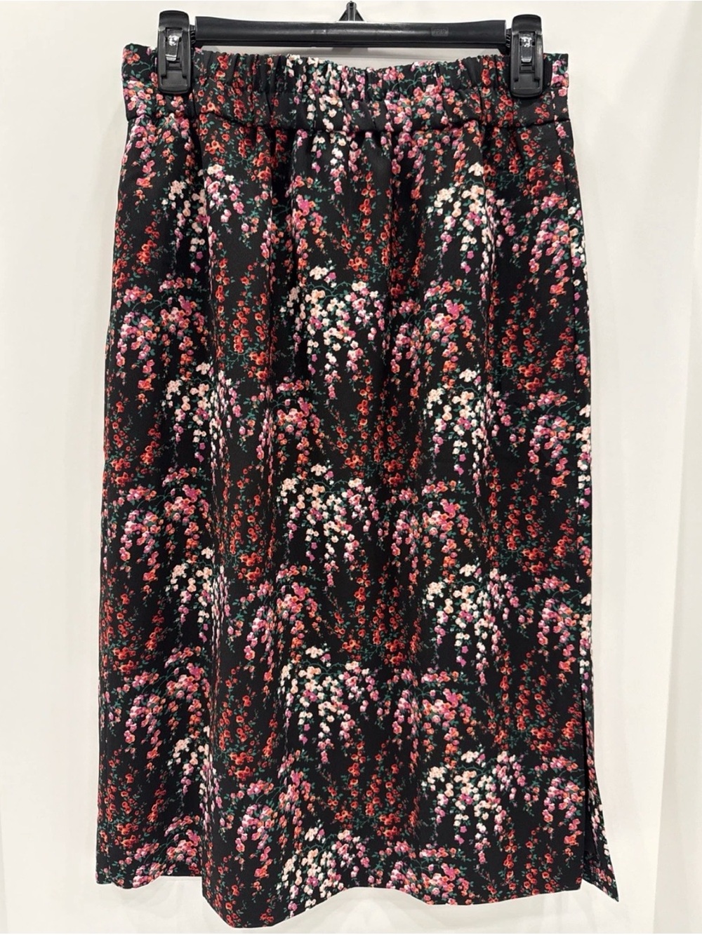 J. Crew Women's XS Pull On Elastic Waist Midi Skirt Black Floral Cottagecore
